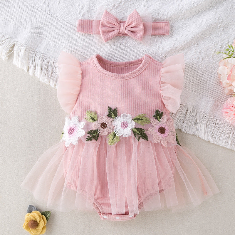 New Cute Floral Sleeve Baby Girl Mesh Romper Dress Set