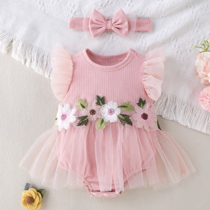 New Cute Floral Sleeve Baby Girl Mesh Romper Dress Set