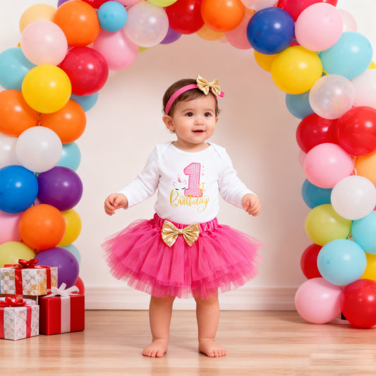 Girls' Birthday Outfit Set Long Sleeve Bodysuit Skirt Headband