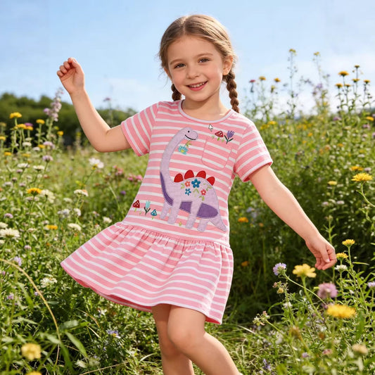 Embroidered Dinosaur Short Sleeve Dress for Girls