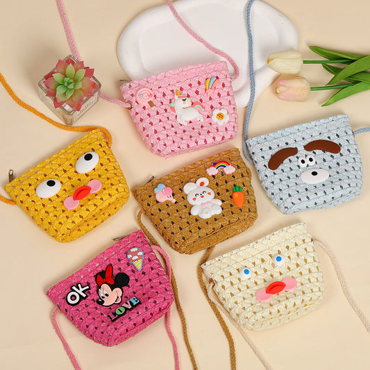 Cute Woven Straw Bags for Kids with Rainbow Unicorn Design