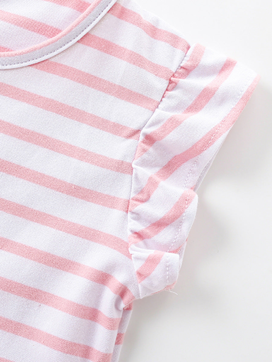 Animal Embroidered Striped Kids Dress with Ruffle Sleeves