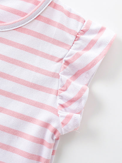 Animal Embroidered Striped Kids Dress with Ruffle Sleeves