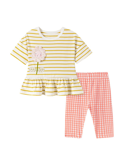 Striped Floral Cotton Two-Piece Set for Girls