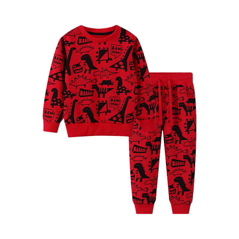 Cartoon Dinosaur Printed Kids Hoodie Set Cotton Casual Outfit