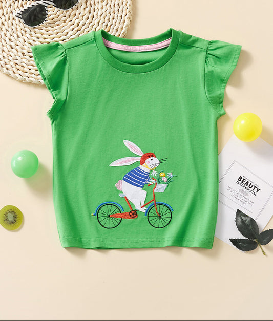 Cartoon Pattern Green Cotton T-Shirt for Kids