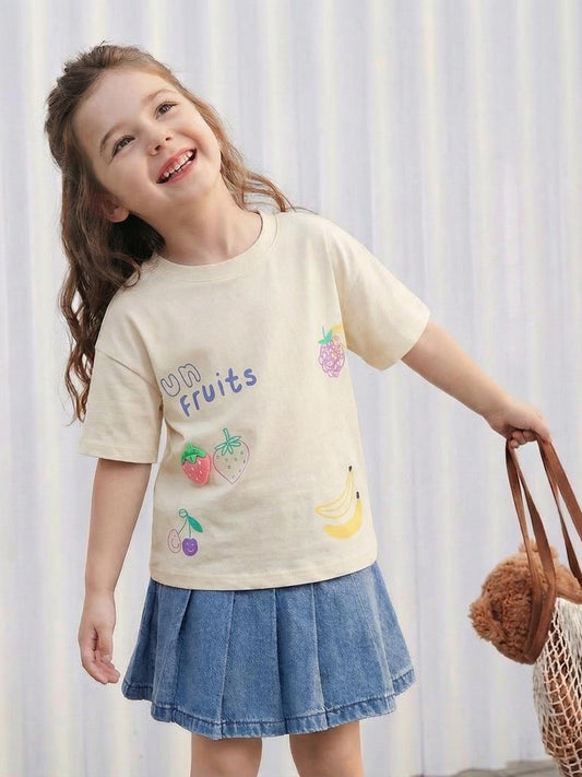 Girls' Strawberry Print Short Sleeve T-Shirt Soft Cotton Casual