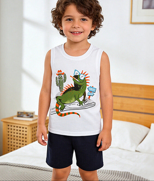 Cartoon Animal Print Cotton Boys' Tank Top and Shorts Set