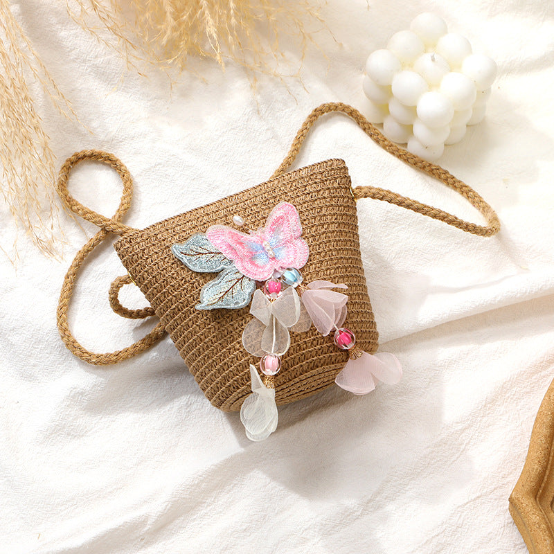 Woven Beach Bag with Butterfly Tassels for Girls