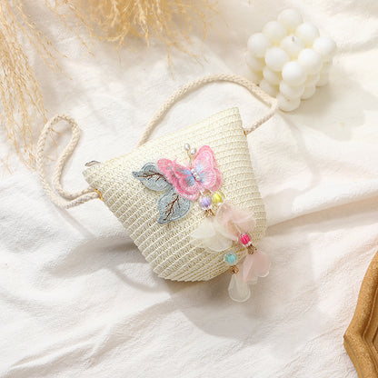Woven Beach Bag with Butterfly Tassels for Girls