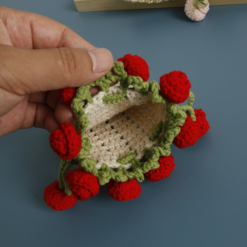 Handmade Cartoon Rose Drawstring Purse Cute Knitted Coin Bag