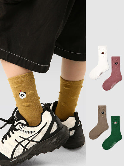 Kids Mid Calf Animal Embroidered Cotton Socks
