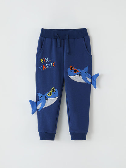 Cartoon Shark Embroidered Jogger Pants for Boys