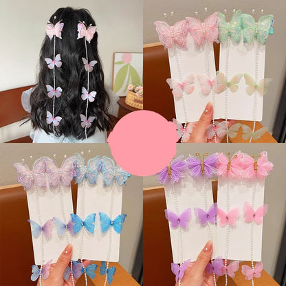 Children's Butterfly Pearl Hair Clips with Tassels