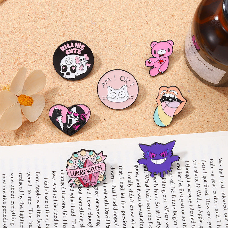 Pink Skull Bear Metal Brooch Geometric Cute Cat Pin
