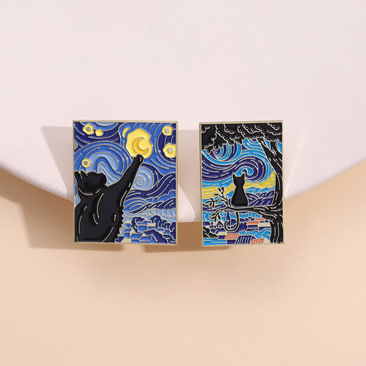 Funny Black Cat Geometric Art Brooch Metal Badge for Bags