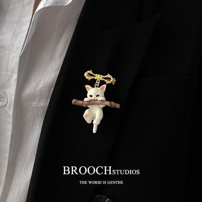 Cute Cat Branch Brooch Creative 3D Enamel Pin for Bags and Apparel