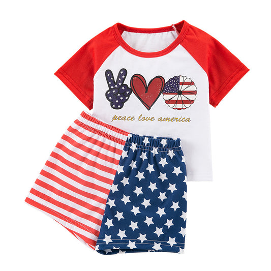 Kids Cartoon Print Red White Short Sleeve T-Shirt and Shorts Set