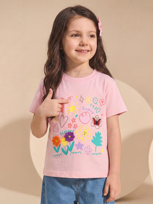 Girls' Floral Print Short Sleeve T-Shirt Soft Cotton Casual Top