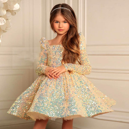 Girls' Sparkly Sequin Princess Dress with Long Sleeves