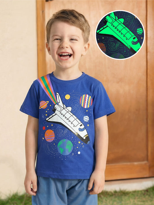 Glow In The Dark Airplane Print Boys T-Shirt Soft Cotton Casual Tee