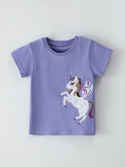 Unicorn Embroidered Short Sleeve T-Shirt Soft Cotton Casual Top