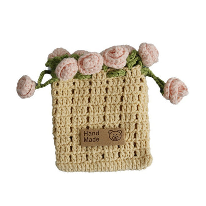Handmade Cartoon Rose Drawstring Purse Cute Knitted Coin Bag