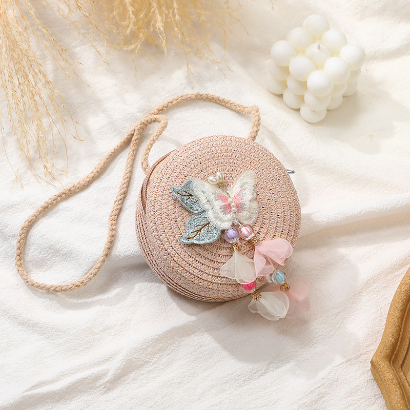 Woven Beach Bag with Butterfly Tassels for Girls