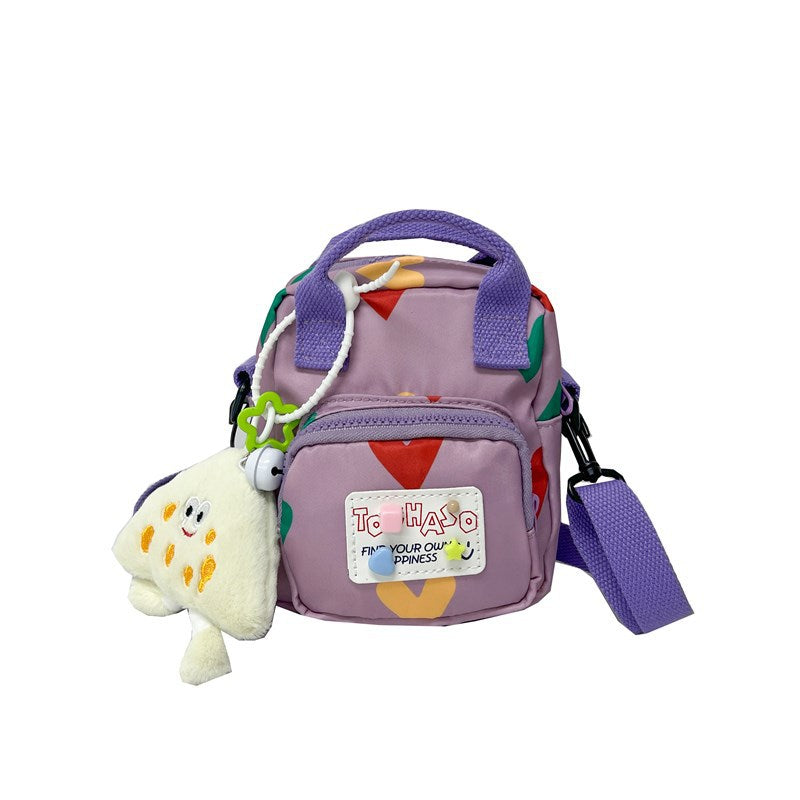 Cute Cartoon Heart Print Canvas Crossbody Bag for Kids