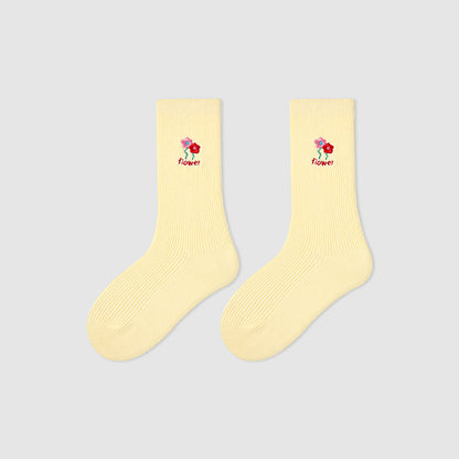 Kids Mid Calf Animal Embroidered Cotton Socks
