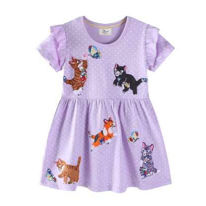 Cat Embroidered Short Sleeve Princess Dress for Girls