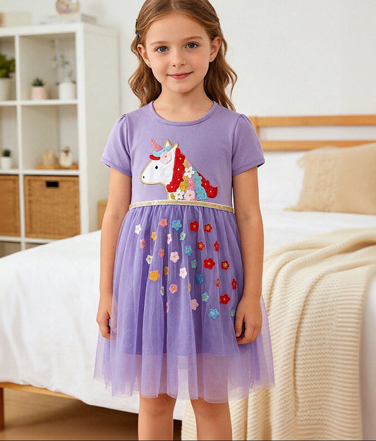 Sweet Unicorn Embroidered Mesh Dress for Girls