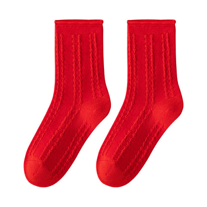 Red Floral Pattern Mid-Calf Cotton Socks for Kids