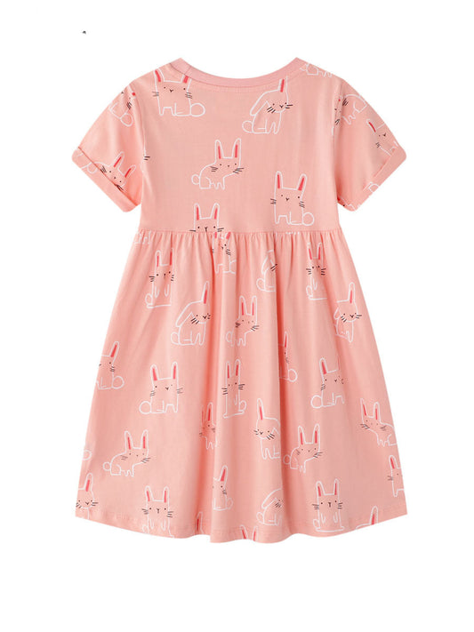 Girls' Short Sleeve Princess Dress Cartoon Design Soft Cotton Casual Wear