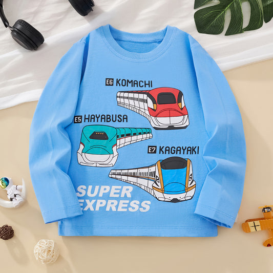 Little Boy Train Cartoon Long Sleeve T-Shirt Cotton Casual Top