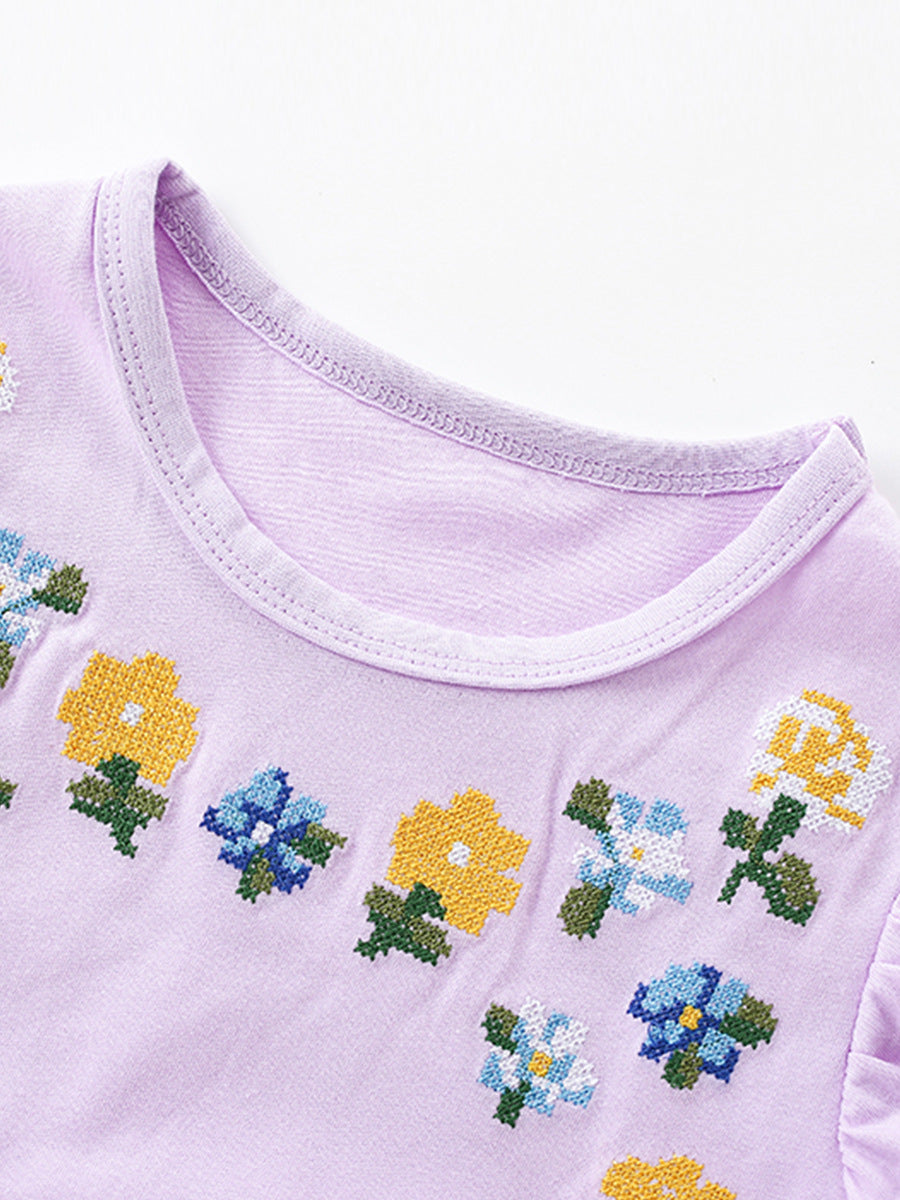 Floral Embroidered Cotton Dress With Ruffled Sleeves