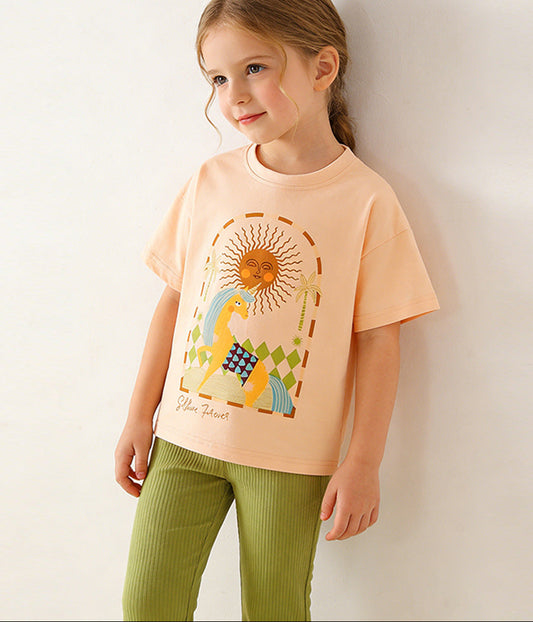 Cartoon Unicorn Cotton Short Sleeve Tops And Long Pants Set