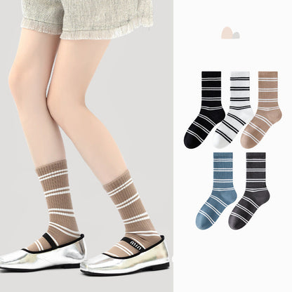 Retro Striped Cotton Mid-Calf Socks for Women