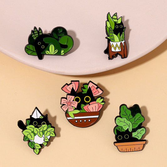 Cute Black Cat Plant Pot Badge Trendy Alloy Decor