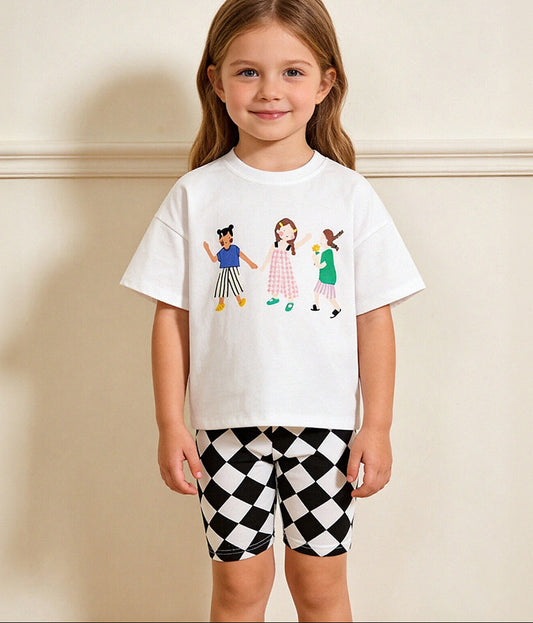 Trendy Casual Girls' Checkered Print Short Sleeve Outfit