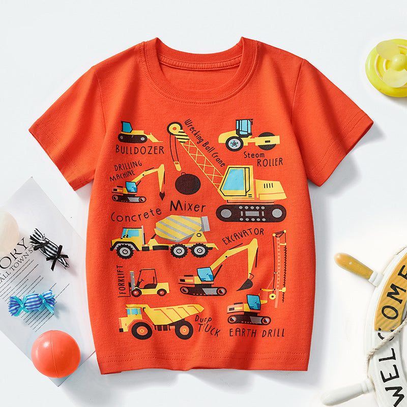 Cute Cartoon Crane Print Cotton T-Shirt for Boys