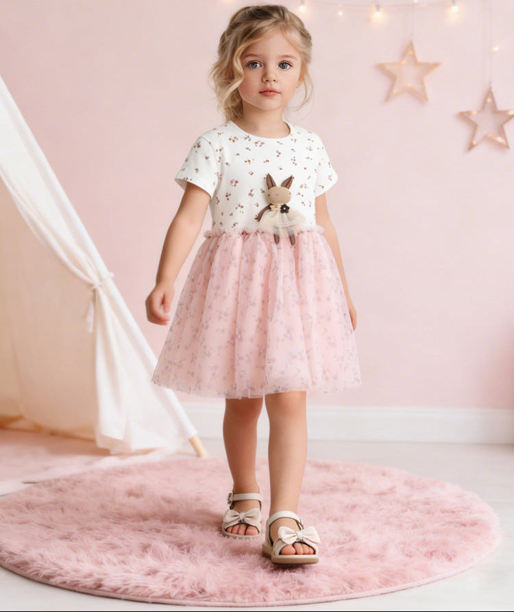 Girls' Cute Cartoon Princess Dress Cotton Short Sleeve