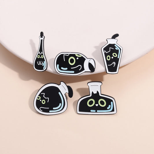 Cute Black Cat Glass Bottle Brooch Metal Badge Clothing Accessory