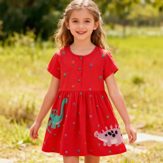Girls' Short Sleeve Cotton Princess Dress with Embroidery