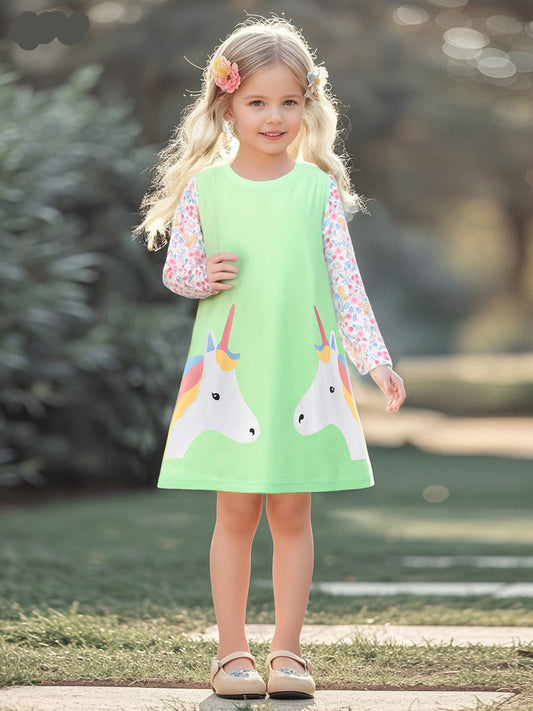 Cartoon Long Sleeve Dress for Girls Cotton Princess Style