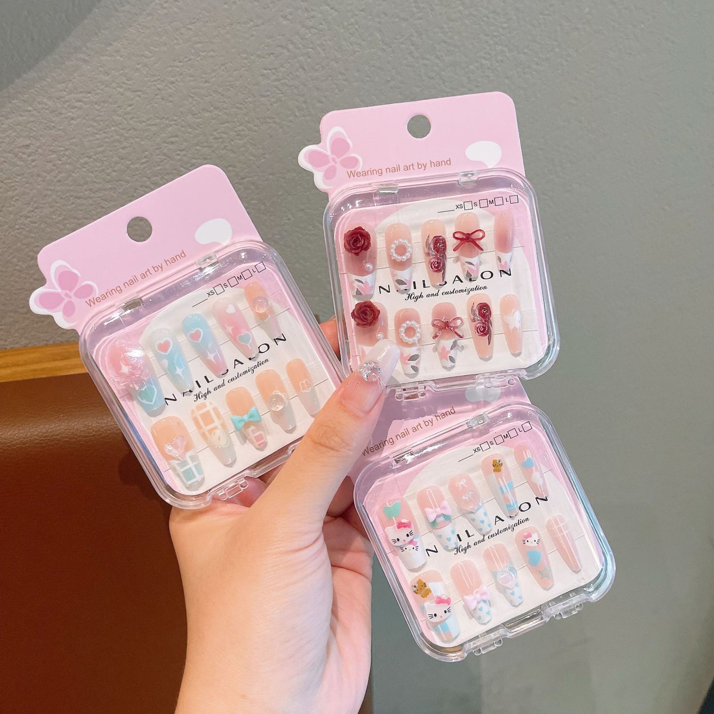 Cute Cartoon Long Nail Stickers with Heart Bow for Kids