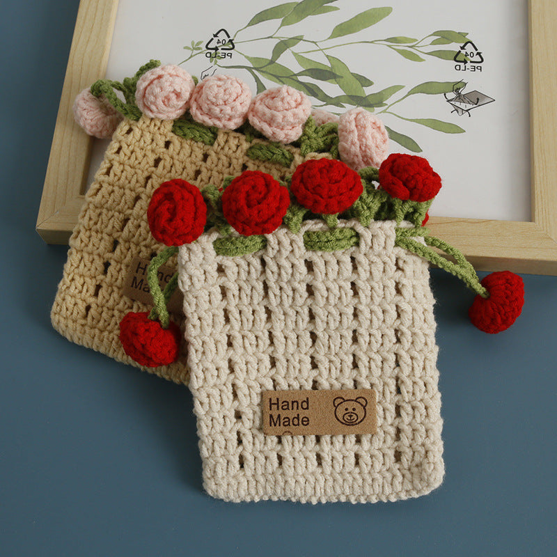 Handmade Cartoon Rose Drawstring Purse Cute Knitted Coin Bag