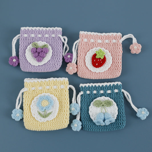 Sweet Handmade Knit Drawstring Coin Purse With Fruit Pattern