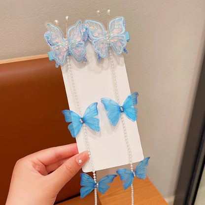 Children's Butterfly Pearl Hair Clips with Tassels