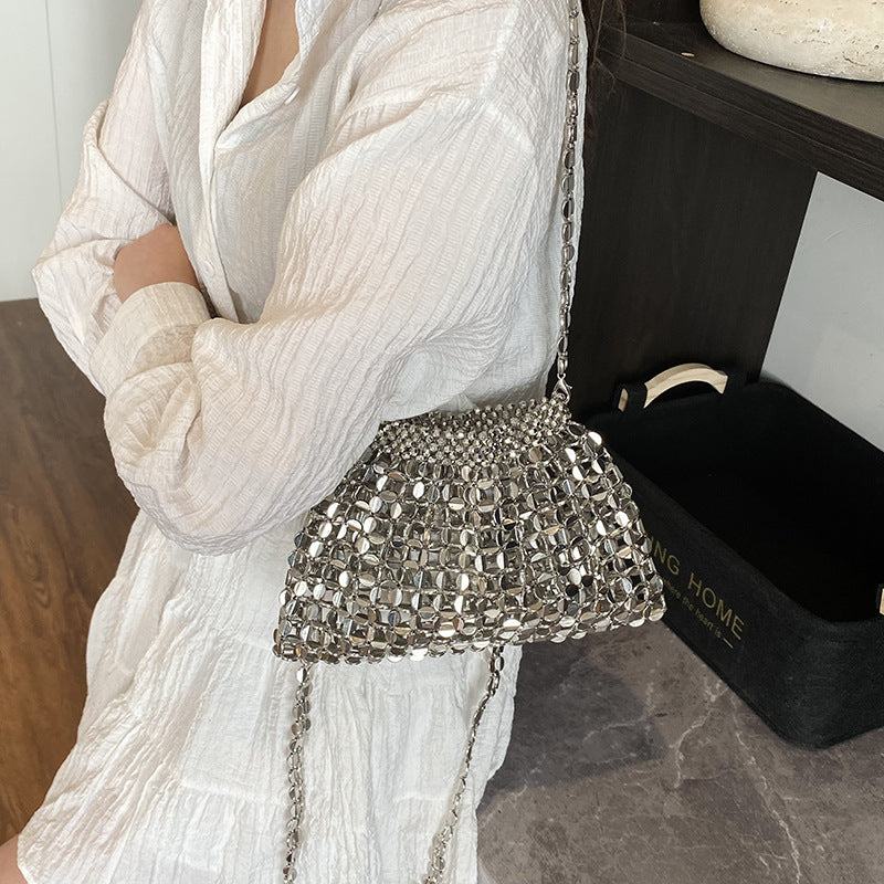 Trendy Beaded Woven Handbag with Chain Strap